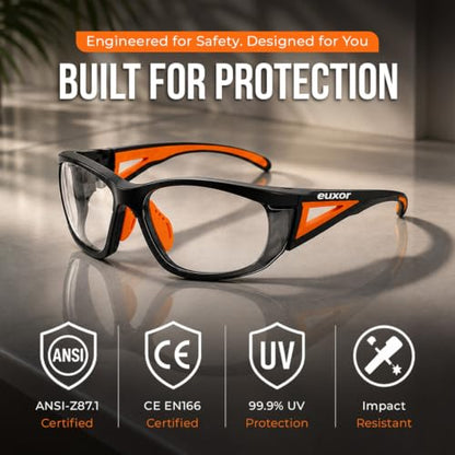 Brand, Safety Glasses Industrial Quality, Orange Frame, Clear High Impact Anti-Fog Anti-Scratch, ANSI Z87 EN 166 Certified UV400 Protective Eyewear, Soft Nose with Sturdy Orange Case (1 Piece)
