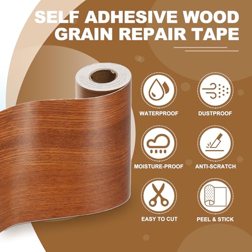 Self Adhesive Wood Grain Repair Tape 33'x 3", Multi-Use Realistic Wood Grain Repair Patch for Furniture Floor Door Table Chair Windows Handicraft DIY, Teak