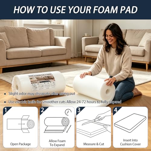 Upholstery Foam Pad, 1x24x72in Firm Cushion Replacement - size: 72x24x1in