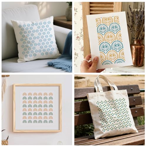 12 Sheets Boho Aesthetics Stencil for Painting, Rainbow Flower Square Modern Texture Drawing Stencil Geometric Reusable Art Stencils Template for Painting on Wall Wood Home Decor - style: Boho Aesthetics