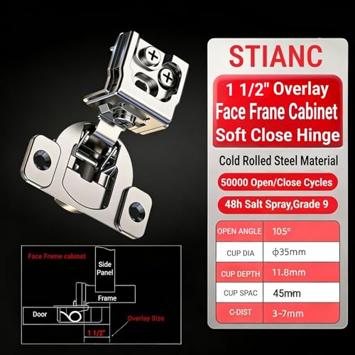50 Pcs 1 1/2" Overlay Soft Close Cabinet Hinges 105° 3D Adjustable - size: 1-1/2"