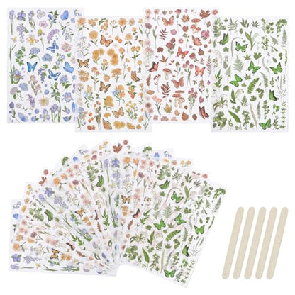 WANDIC 16 Sheets Rub On Transfer Stickers Set, 4 Styles Butterfly Flower Pattern Self Adhesive Stickers Blue Yellow Pink Green Decals for Scrapbook Journal,4 * 6in - style: Butterfly+Flower Theme