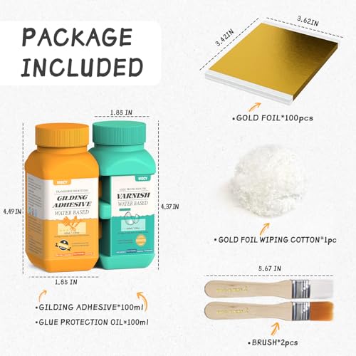 Gold Leaf Adhesive, Gilding Adhesive Set with 100ml Water Based Metal Leaf Glue and 100ml Varnish, 100 pcs Foil, 2 Brushes, Foil Wiping Cotton, for Arts, Crafts and Painting.