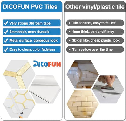 DICOFUN 1 Sheet Hexagon Peel and Stick Backsplash Tile, Polished White Tile Look Mixed Gold Kitchen Backsplash Peel and Stick Wall Tiles - color: White Tile + Gold Metal Frame, size: 1 Sheet, 12''x12''x0.12''