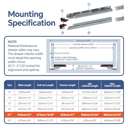 ToBeGreat 21 Inch Undermount Soft Close Drawer Slides - Full Extension - color: Soft Close-6 Pair, size: 21 Inch