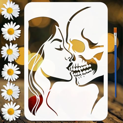 FINGERINSPIRE Kiss The Skull Painting Stencil with Paintbrush 11.7x8.3inch Reusable Skulls Journal Stencil Human Skull Plastic Stencils DIY Craft Art Stencils for Painting on Wall Wood Furniture - style: Kiss the Skul
