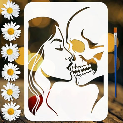 FINGERINSPIRE Kiss The Skull Painting Stencil with Paintbrush 11.7x8.3inch Reusable Skulls Journal Stencil Human Skull Plastic Stencils DIY Craft Art Stencils for Painting on Wall Wood Furniture - style: Kiss the Skul