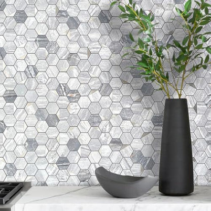 DICOFUN Hexagon Tile Peel and Stick Backsplash, Grey Marble Look PVC Mixed Silver Metal Mosaic Tiles, Pack of 1 - color: Marble Grey + Silver Metal Chip, size: 1 Sheet, 12''x12''x0.12''