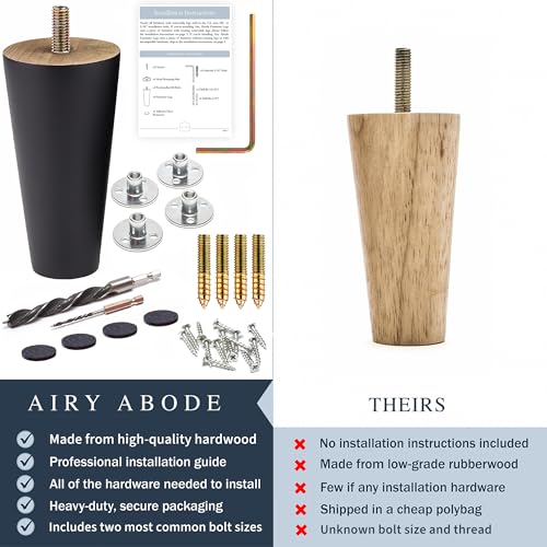 Airy Abode Premium Black Wood Furniture Legs (Full Install Kit) - Pick Your Size and Color - color: Black, size: 4 Inches