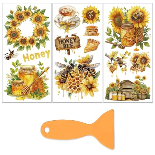 OLYCRAFT 3 Sheets Sunflower Rub on Transfers 6x12 Inch Wreath Bee Furniture Transfers Self-Adhesive Waterproof Transfer Beehive Rub on Decals for Wood Glass Porcelain Dressers Home Decor - style: Sunflower wreath