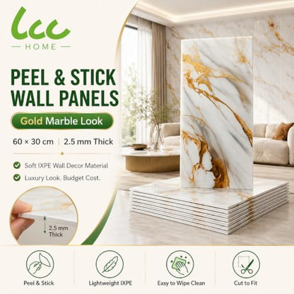 LCC Peel and Stick Wall Panels, Marble Look Backsplash Panels, Lightweight Wall Covering for Kitchen, Bathroom, Living Room & Bedroom (50, Luxury Gold Vein Marble) - color: Luxury Gold Vein Marble