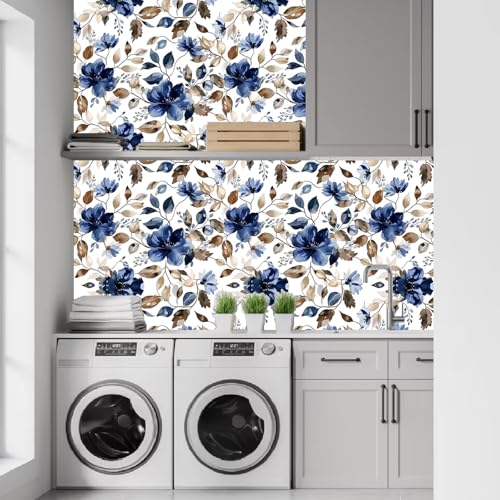 Modern Blue Floral Peel and Stick Wallpaper 17.7"x 70.7" - color: Blue/Brown, size: 17.7" x 70.8"