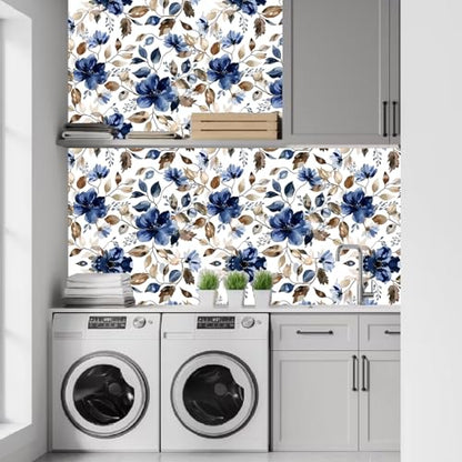 Modern Blue Floral Peel and Stick Wallpaper 17.7"x 70.7" - color: Blue/Brown, size: 17.7" x 70.8"