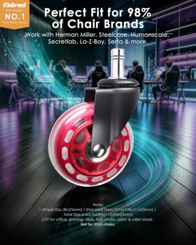 RidRed Gaming Chair Wheels - Heavy-Duty Office Chair Wheels - Replacement Rubber Casters- Universal Fit 3 Inch Chair Casters, Noise Free, Fits 98% Chair, for All Floor (Red) - color: Red
