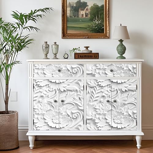 White Faux 3D Embossed Floral Peel and Stick Wallpaper Removable Self Adhesive Luxury Baroque Rococo Style Plaster Effect Paintable White Wallpaper for Bedroom Cabinets Accent Wall 17.5"x80" - size: 17.5" x 80"
