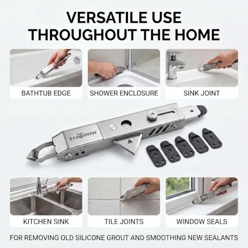 6-in-1 Caulking Tool Kit for Removing Old Caulk and Smoothing New Sealant, Stainless Steel Caulk Remover with 5 Silicone Pads for Bathroom, Kitchen, Window, Sink and Tile - color: ‎silver