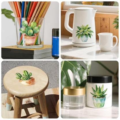 Peacoblue Green Potted Plants Rub On Transfers for Craft, Transfer Sticker - style: Watercolor Potted Green Plants
