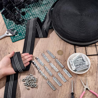 OLYCRAFT 2 Inch x 80Ft Chair Webbing Replacement Kit Stripe Patio Furniture Repair Kit Upholstery Webbing Elastic Band with 30Pcs Metal Clips to Repair Sagging Couch Chair Patio Furniture Patios Strap - color: Stripe