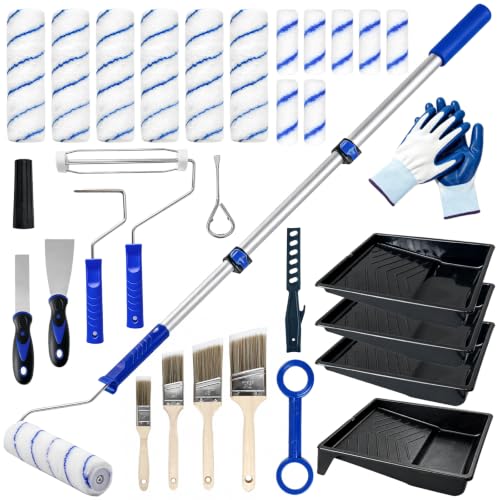 32PCS Paint Roller Kit, 2-4FT Pole, 4"&9" Microfiber Rollers & Brushes