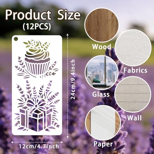 12 Sheets Lavender Stencil for Painting, Vase Bicycle Water Bottle Book Flower Silhouette Drawing Stencil Reusable Plastic Wall Stencils Template for Painting on Wall Wood Home Decor - style: Lavender
