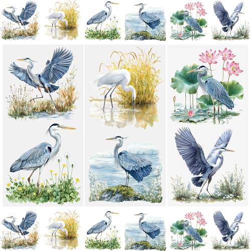 WANDIC 3 Sheets Rub On Transfer Stickers, Blue Heron Waterproof Decals Furniture Craft Decorative, Junk Journals for DIY Cabinet Window, 15 * 30cm - color: Blue Heron Theme