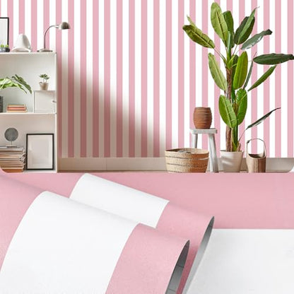 Pink and White Striped Peel and Stick Wallpaper 17.3"x80" - color: Pink, size: 17.3" x 80"
