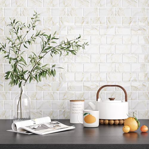 VEELIKE Gold Marble Subway Tile Peel and Stick Backsplash for Kitchen Back Splash Tile Stickers 6-Sheets Adhesive Stick on Backsplash Peel and Stick for Bathroom Renter Friendly Wall Tiles 12''x12'' - size: Box of 6 Tiles