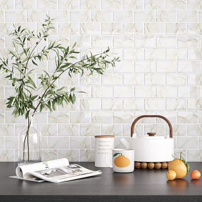 VEELIKE Peel and Stick Backsplash Tile White Gold Marble Subway Peel and Stick Tile for Kitchen Bathroom 12" x 12" Waterproof Renter Friendly Sticky Back Splash Wall Tiles - size: Box of 12 Tiles