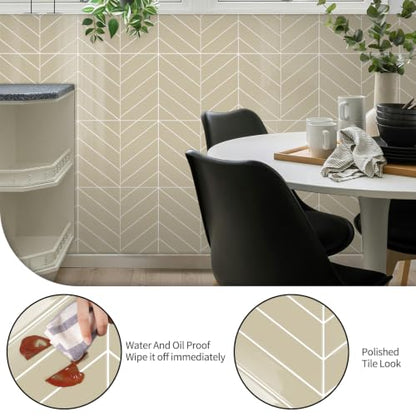 10 Sheets Thicker Herringbone Peel and Stick Backsplash(Beige,12.6”x9.9”) - color: Beige