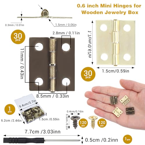 60 Sets Small Hinges with Screws, Mini Hinges 270° Folding Iron Hinge 0.6 in Gold Bronze Mini Hinge for DIY Boxes Wood Jewelry Box Hardware Gate Drawer Miniature Butt Tiny