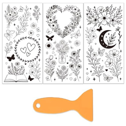 OLYCRAFT 3Pcs/Set Line Plants Rub on Transfers for Furniture and Craft 6x12 Inch Line Flower Furniture Decal Transfer Stickers Rub on Decal with 1Pc Scraper for Cabinet Wardrobe Decoration - style: Line plants