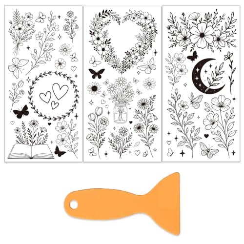 OLYCRAFT 3Pcs/Set Line Plants Rub on Transfers for Furniture and Craft 6x12 Inch Line Flower Furniture Decal Transfer Stickers Rub on Decal with 1Pc Scraper for Cabinet Wardrobe Decoration - style: Line plants