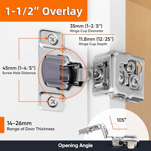 Decobasics 2 Pack Soft Close Cabinet Hinges 1-1/2" Overlay for Kitchen Cabinet Doors, Slow Self-Closing Concealed Hidden Hinges for Face Frame –Stainless Steel, 3-Way Adjustable & Quiet Close Damper - size: 1-1/2 Inch