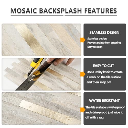 STICKGOO 20 Sheets Peel and Stick Backsplash Tile, Stick on Backsplash for Kitchen and Bathroom, Sunny Beige Look PVC Mixed Metal Gold Self Adhesive Wall Tiles - color: Sunny Beige + Metal Gold