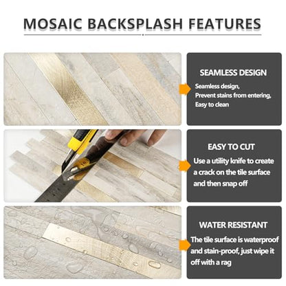 STICKGOO 20 Sheets Peel and Stick Backsplash Tile, Stick on Backsplash for Kitchen and Bathroom, Sunny Beige Look PVC Mixed Metal Gold Self Adhesive Wall Tiles - color: Sunny Beige + Metal Gold