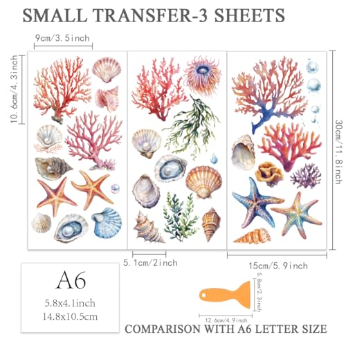 OLYCRAFT 3pcs/Set Ocean Rub on Transfers for Furniture and Crafts 6x12 Inch Coral Shell Furniture Decals Transfer Stickers Starfish Rub on Decal with 1pc Scraper for Wood Furniture Home Decoration - style: Ocean