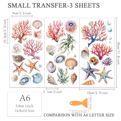 OLYCRAFT 3pcs/Set Ocean Rub on Transfers for Furniture and Crafts 6x12 Inch Coral Shell Furniture Decals Transfer Stickers Starfish Rub on Decal with 1pc Scraper for Wood Furniture Home Decoration - style: Ocean