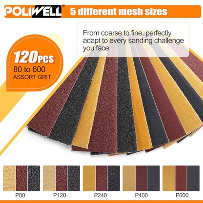 POLIWELL 120Pcs Micro Detail Sandpaper Kit with 3.5”×1” Hand Sanding Block - size: 80-600Grit