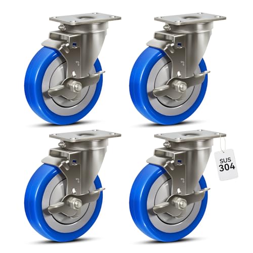 5" Stainless Steel Casters, Swivel Industrial Casters Set of 4 Heavy Duty, Anti-Corrosion Rust-Proof Plate Polyurethane Caster Wheels for Cart (4 Brake) - style: 4 Brake