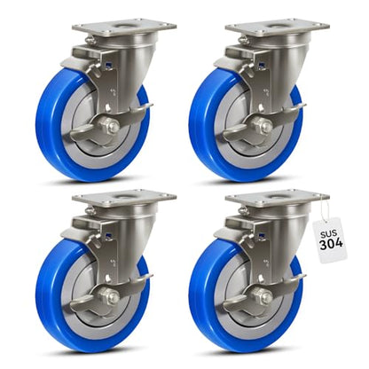 5" Stainless Steel Casters, Swivel Industrial Casters Set of 4 Heavy Duty, Anti-Corrosion Rust-Proof Plate Polyurethane Caster Wheels for Cart (4 Brake) - style: 4 Brake