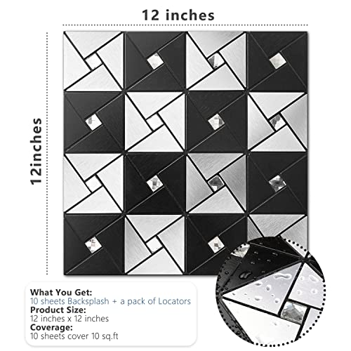 Vamos Tile 10 Sheets Metal Peel and Stick Backsplash Tile - color: Black&Silver