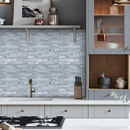 Midcard 10 Sheets Peel and Stick Backsplash PVC Wall Tile,for Kitchen Backsplash - color: Rectangular Dark blue with metallic silver