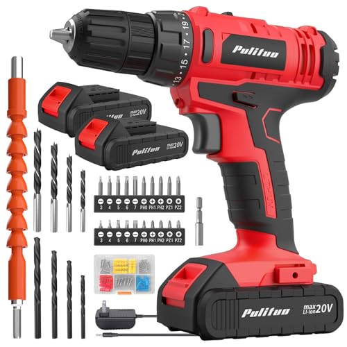 PULITUO 20V Cordless Drill/Driver, 2 Batteries Electric Screwdriver, 30Nm Power Drill Driver, 21+1 Torque, 2 Speed, 3/8"Keyless Chuck, power Drill with LED Light, Drill Driver Kit for Home (Red) - color: 20v Drill (Red)- Double