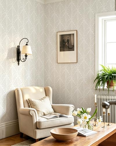 Safiyya 17.3"x393" Peel and Stick Wallpaper Boho Contact Paper Beige Neutral Modern Geometric Wall Paper Self Adhesive Removable Wallpaper for Bedroom Vinyl Rolls - color: Beige and White, size: 17.3" x 393"