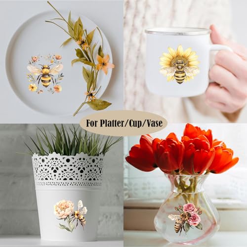ZMRU 24 Sheets of Watercolor Style Rub on Transfers for Crafts - Perfect for Glass, Porcelain, Leather, Canvas, and Fabric Projects - IOD Transfers Included,3 * 3inch (Bee Flower) - style: Bee Flower