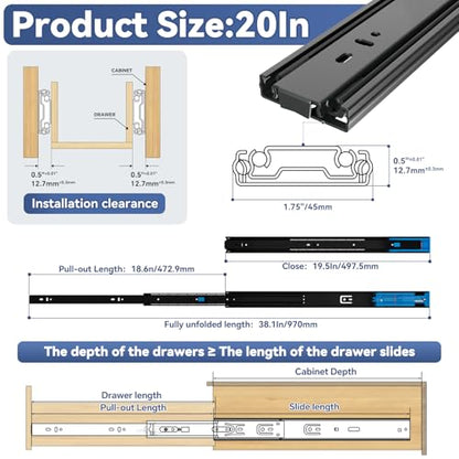 20 Inch Push to Open and Soft Close Drawer Slides,Full Extension,1 Pair - size: 20 Inch