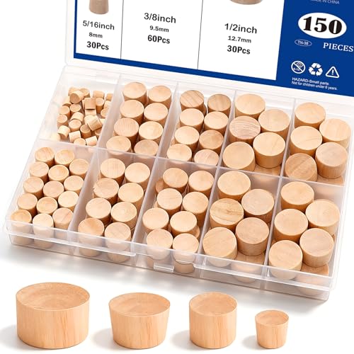 Tnisesm 150 Pieces 4 Sizes Wood Plugs 3/16 Inch, 5/16 Inch, 3/8 Inch, 1/2 Inch Wooden Hole Plugs Button Plugs Hardwood Hole Plugs for Holes in Locking Hole Tube Furniture - color: 150pcs-cone-shaped