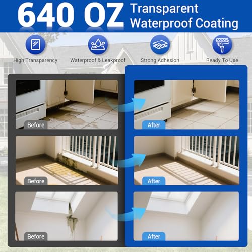 Waterproof Sealant Coating 5 Gallon, Clear Anti Leakage Roof Sealant - size: 640 OZ