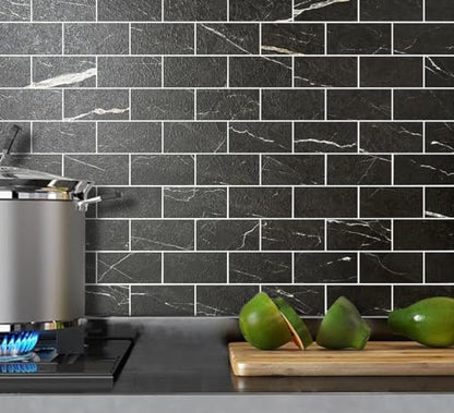 AULIGET 100 Piece Faux Stone Backsplash Peel and Stick PVC Tile, 3 Inch x 6 Inch Black Marble with White Grout Stick on Tiles for Backsplash Kitchen, Bathroom, Laundry Room, Camper, Fireplace - color: Black Marble with White Grout