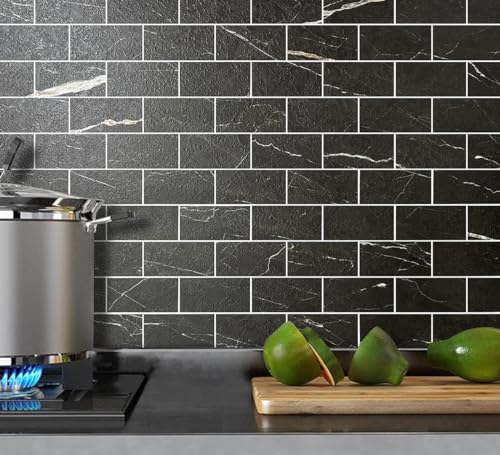 AULIGET 100 Piece Faux Stone Backsplash Peel and Stick PVC Tile, 3 Inch x 6 Inch Black Marble with White Grout Stick on Tiles for Backsplash Kitchen, Bathroom, Laundry Room, Camper, Fireplace - color: Black Marble with White Grout
